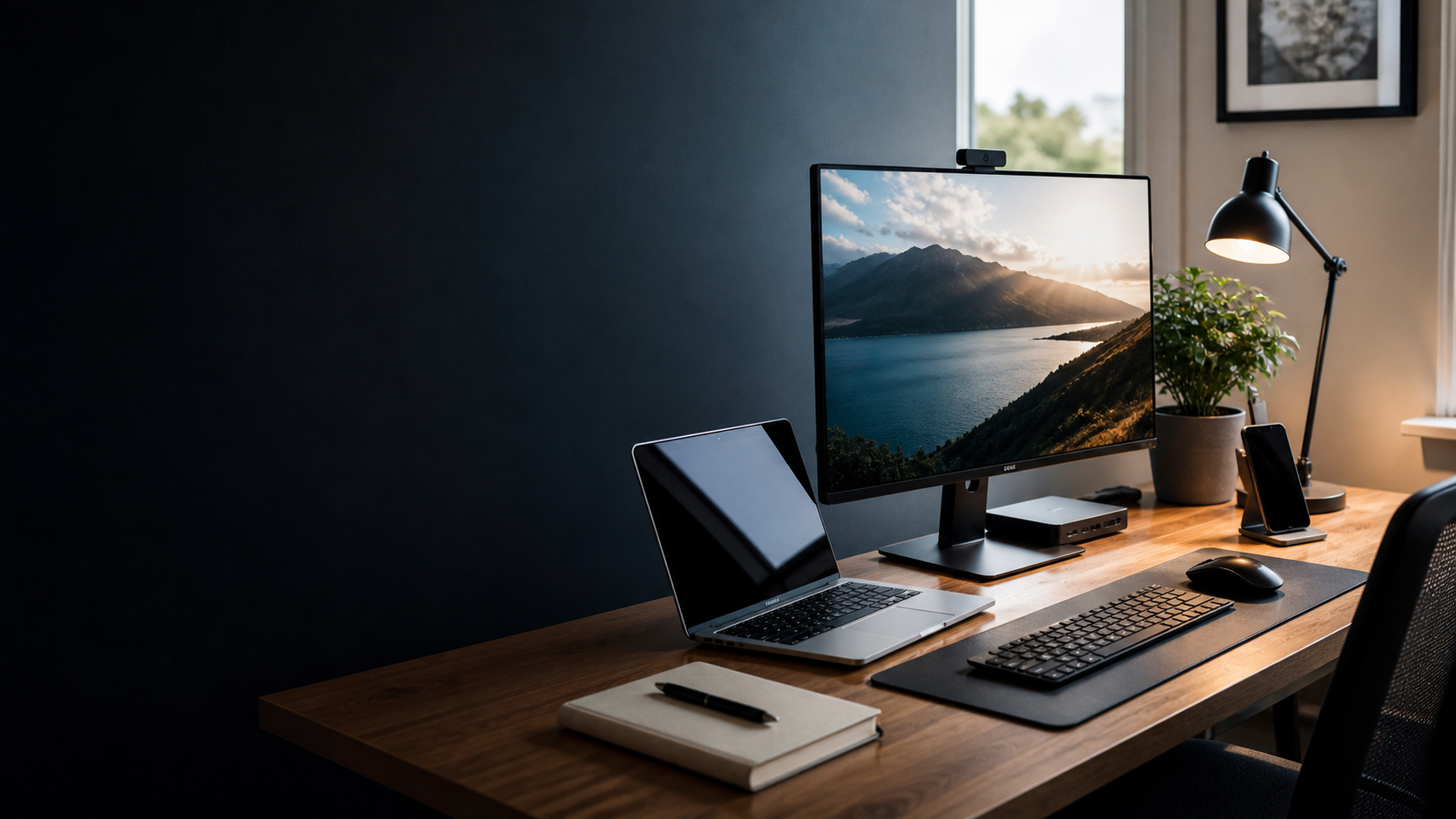 A modern home office desk with practical technology tools