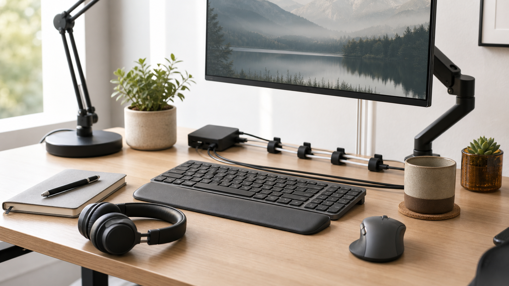 Organized home office desk accessories